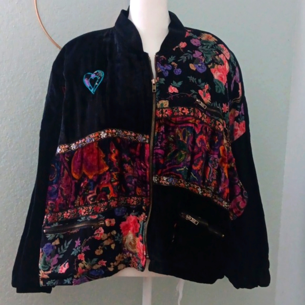 Vintage Black Bomber Jacket Floral Peace Boho Patchwork Velvet